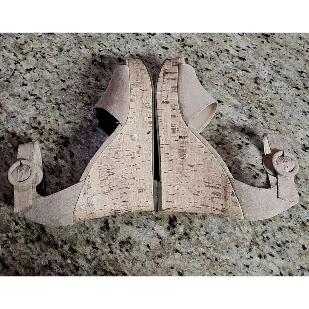 Unisa Cork Wedge‎ Heels Platform Sz 10 70s Womens Textile Open Toe Tan C31